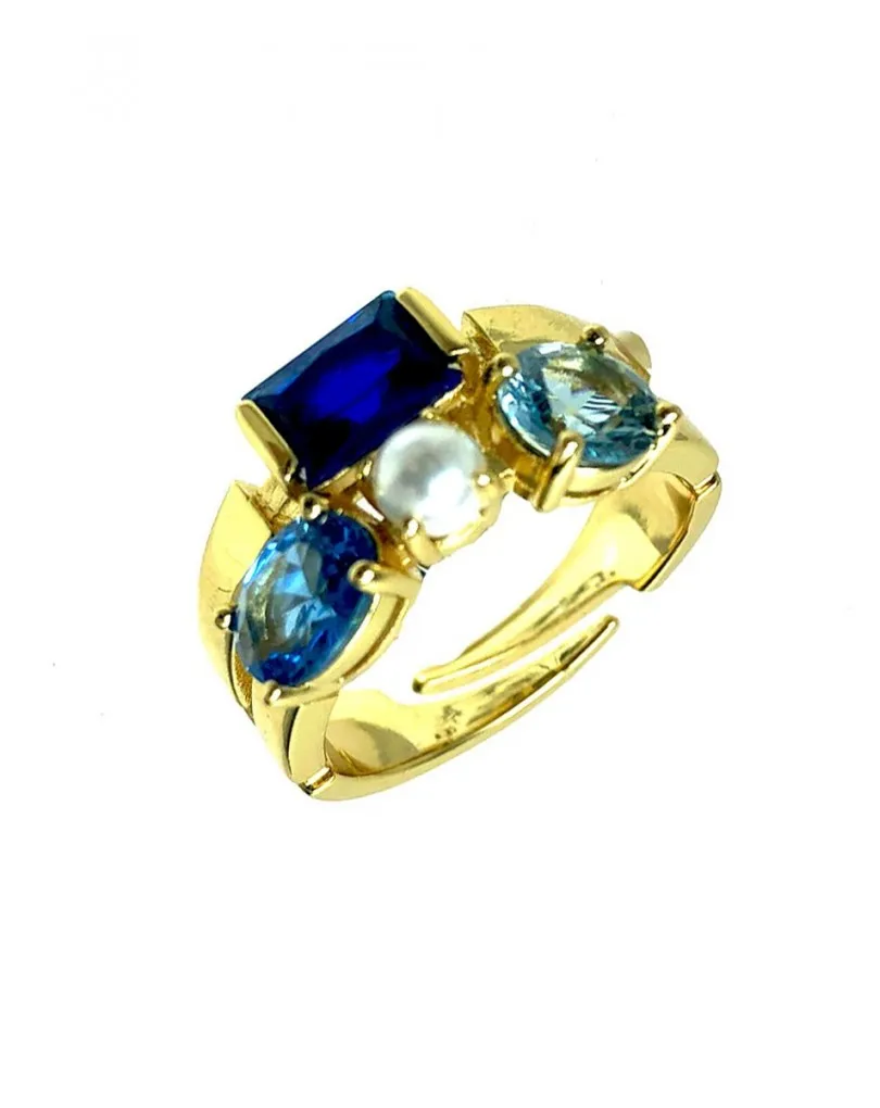 ANILLOS MUJER AZULES CHAPADOS ORO CON PERLA