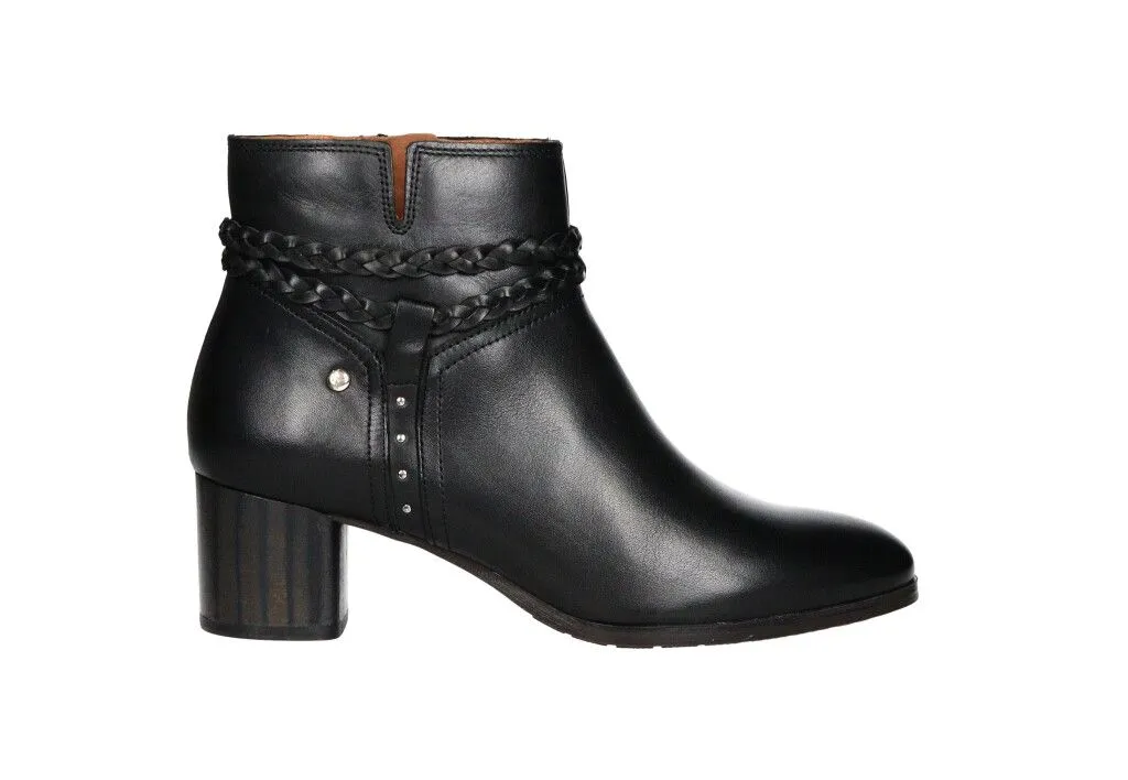 Botin Cremallera Piel Negro Tira Trenzada Tachuelas Redondas Plateadas En Lateral Tacon Medio