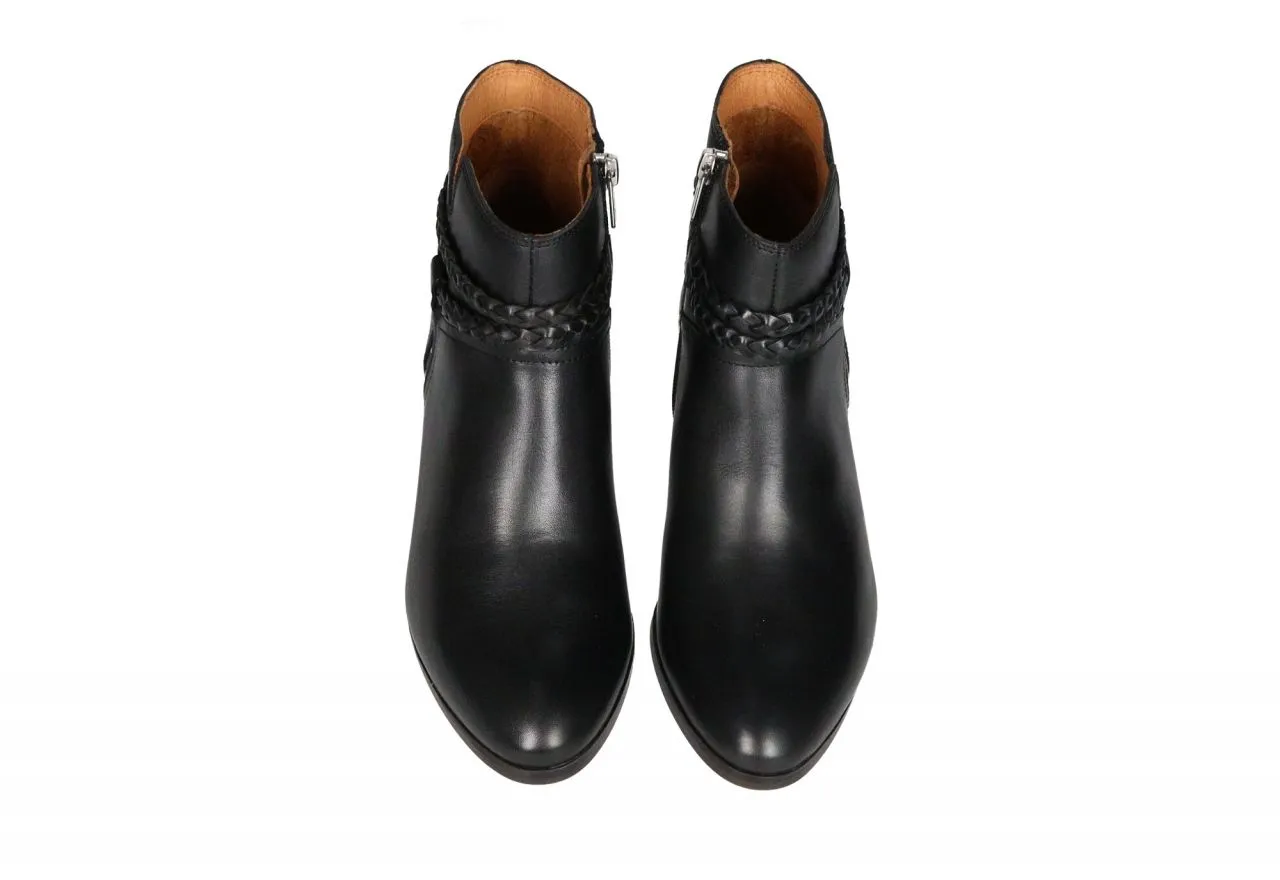 Botin Cremallera Piel Negro Tira Trenzada Tachuelas Redondas Plateadas En Lateral Tacon Medio