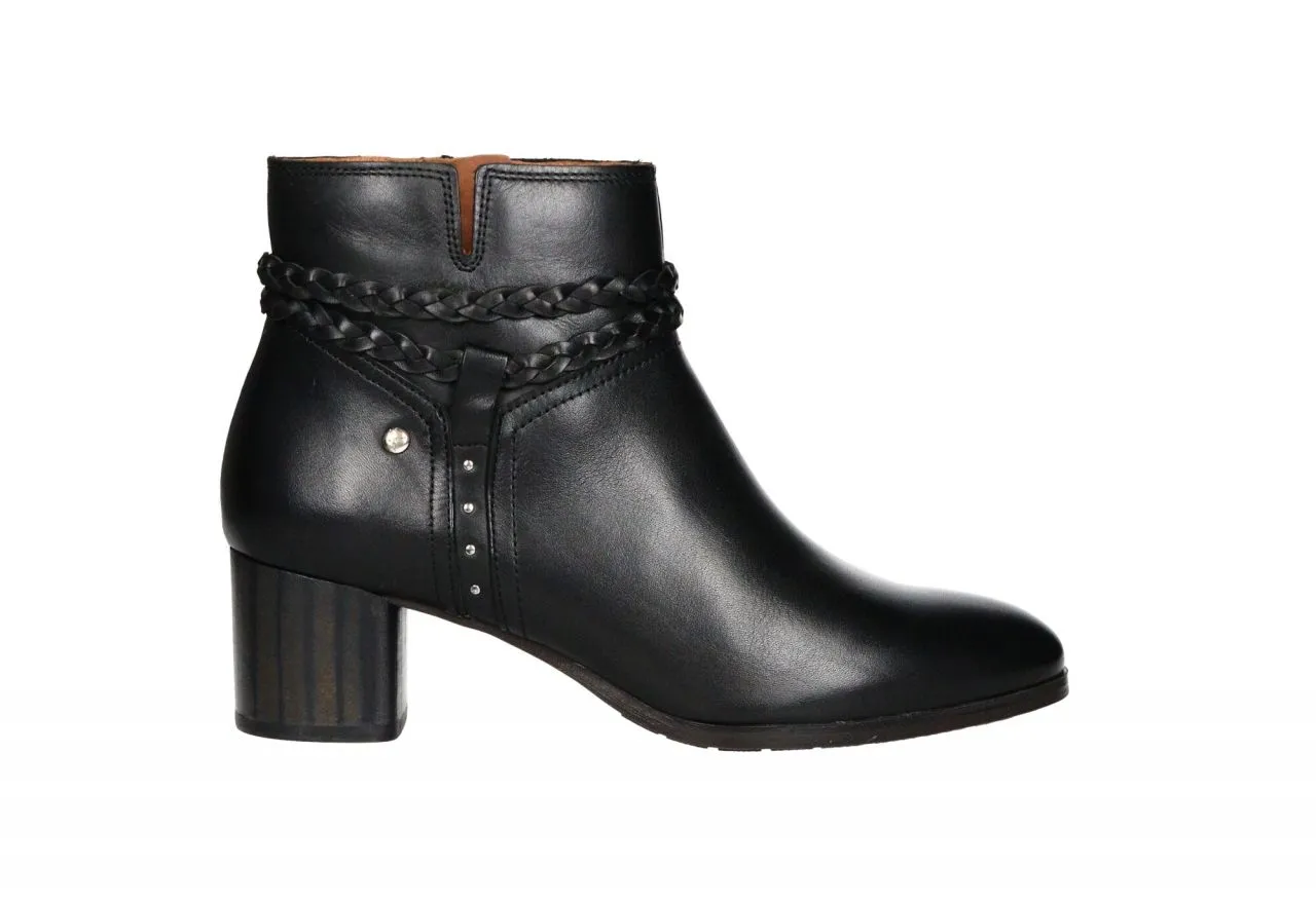 Botin Cremallera Piel Negro Tira Trenzada Tachuelas Redondas Plateadas En Lateral Tacon Medio