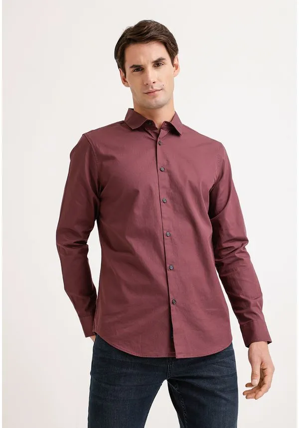 Camisa Hombre Manga Larga Twill Algodón Burdeo
