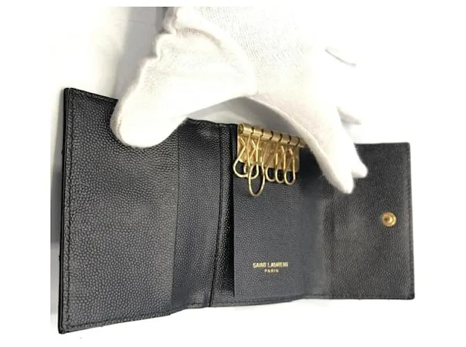 Estuche de llaves de cuero grabado Grain de Poudre Saint Laurent Negro Azul 