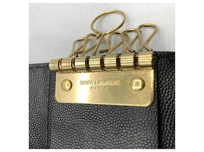 Estuche de llaves de cuero grabado Grain de Poudre Saint Laurent Negro Azul 