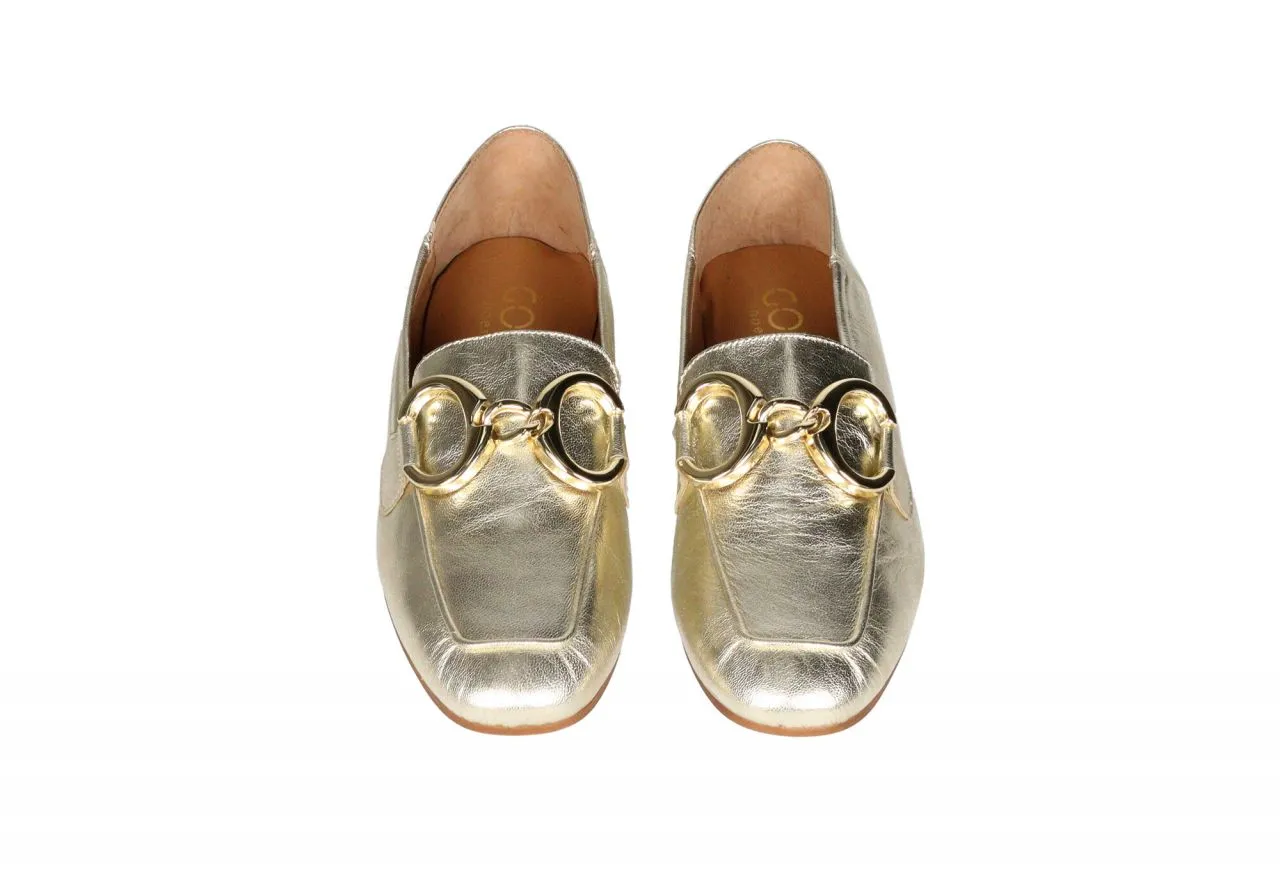 Mocasin Piel Oro Pala Eslabones Metalizados Dorados