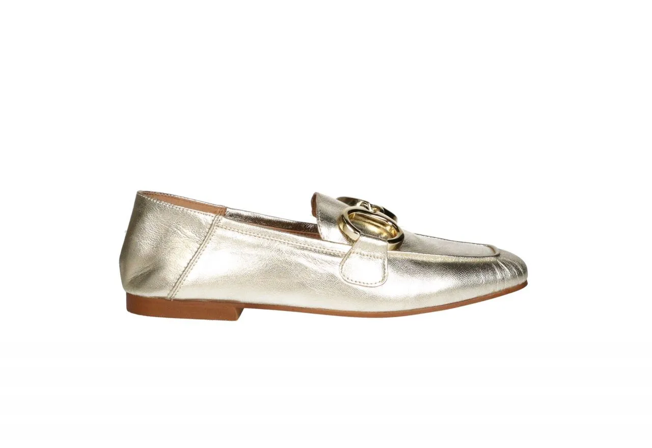 Mocasin Piel Oro Pala Eslabones Metalizados Dorados