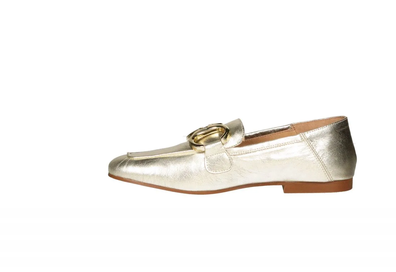 Mocasin Piel Oro Pala Eslabones Metalizados Dorados