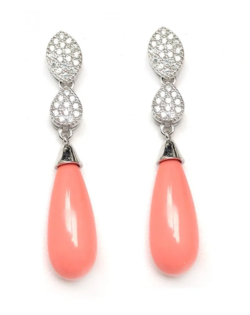 PENDIENTES CORAL EN  PLATA DE MUJER LARGOS PARA BODAS Y EVENTOS