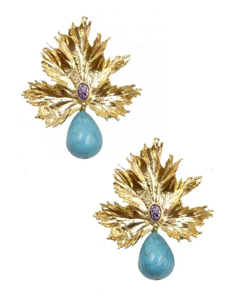PENDIENTES DE HOJA BARROCA CON LAGRIMA TURQUESA PARA BODAS