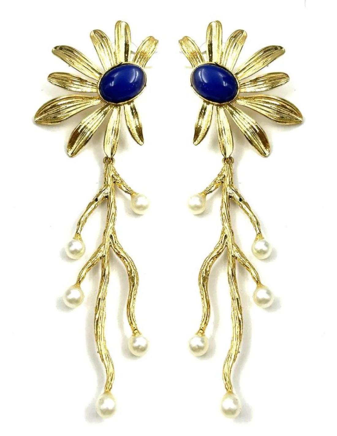 PENDIENTES MUJER LARGOS DE PERLAS Y FLORES AZULES PARA BODAS Y EVENTOS