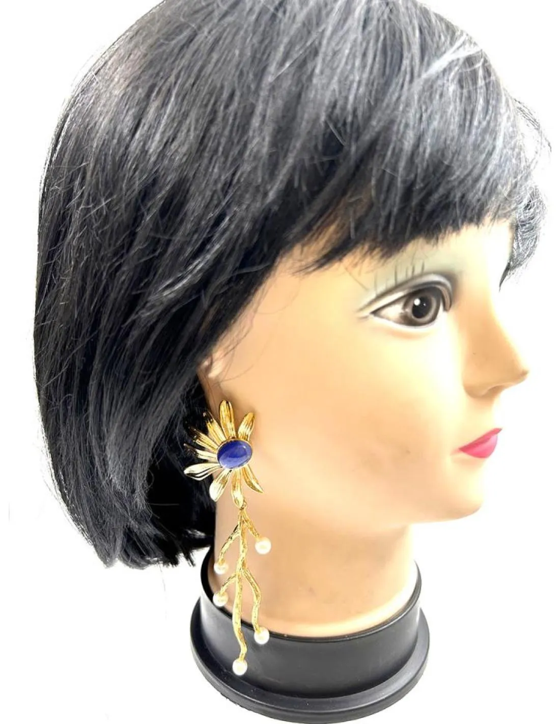 PENDIENTES MUJER LARGOS DE PERLAS Y FLORES AZULES PARA BODAS Y EVENTOS