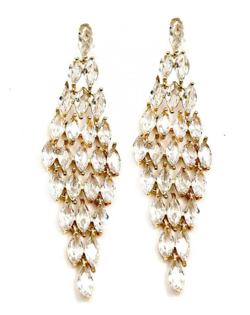 PENDIENTES MUJER LARGOS DORADOS EXQUISITO DISEÑO ROMBO CON TALLAS CRISTAL